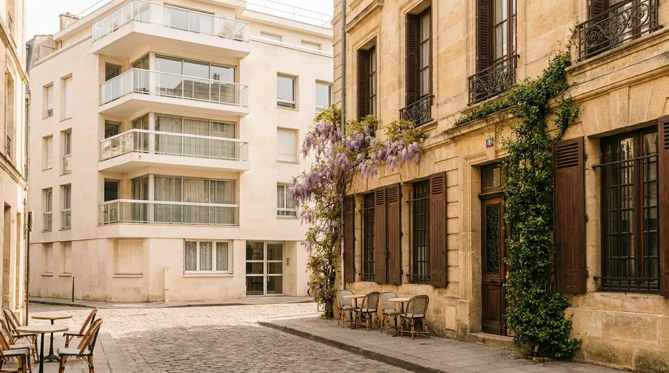 Immeuble moderne et maison de ville en pierre dans une rue française