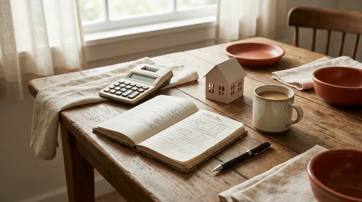 Carnet de budget, calculatrice et maquette de maison sur une table