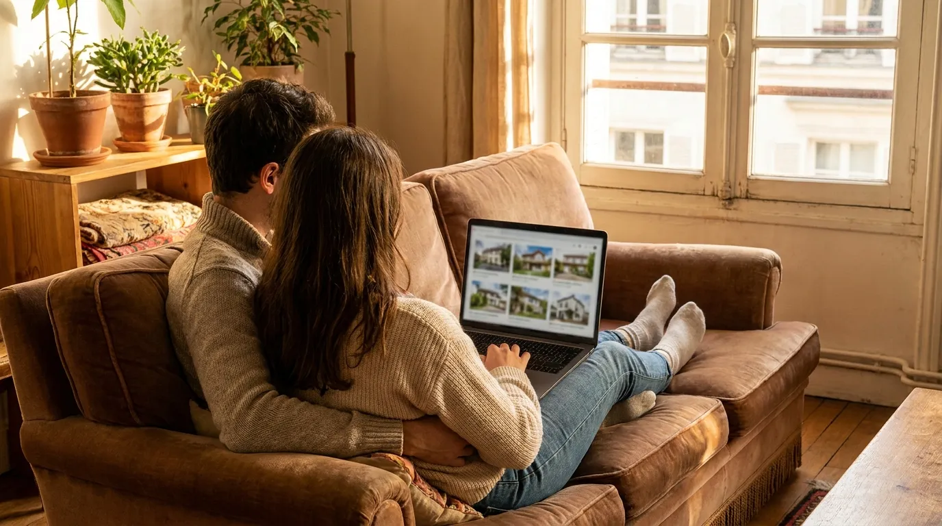 Couple consultant des annonces immobilières sur un ordinateur