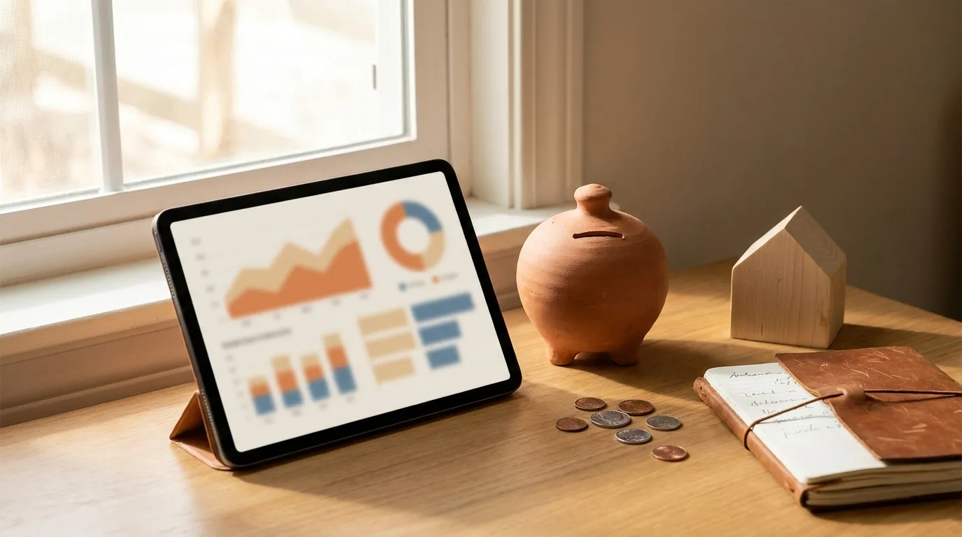 Simulation de crédit sur une tablette avec une tirelire et une maquette de maison