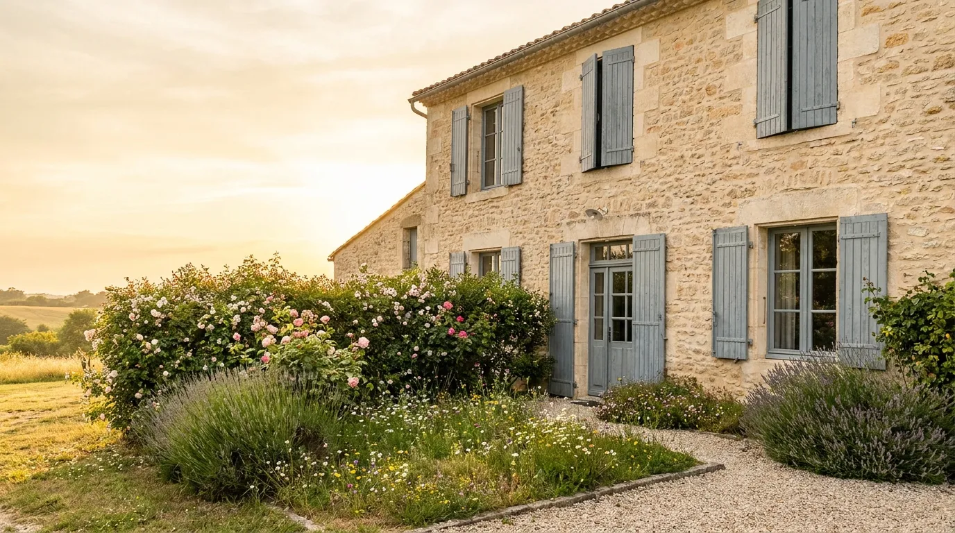 Maison en pierre avec volets gris-bleu et jardin fleuri