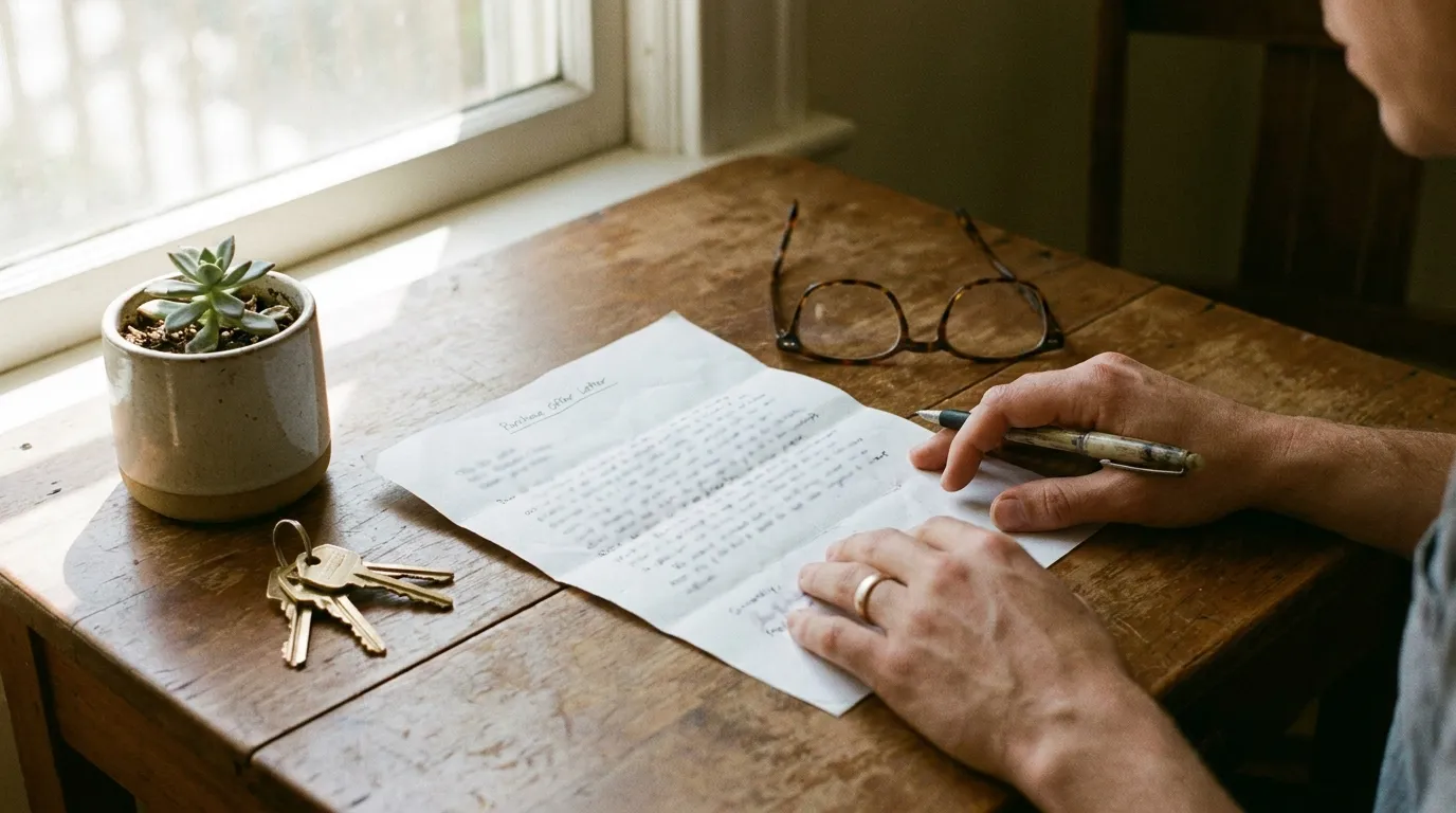 Lettre d’offre d’achat posée sur une table avec des clés et des lunettes