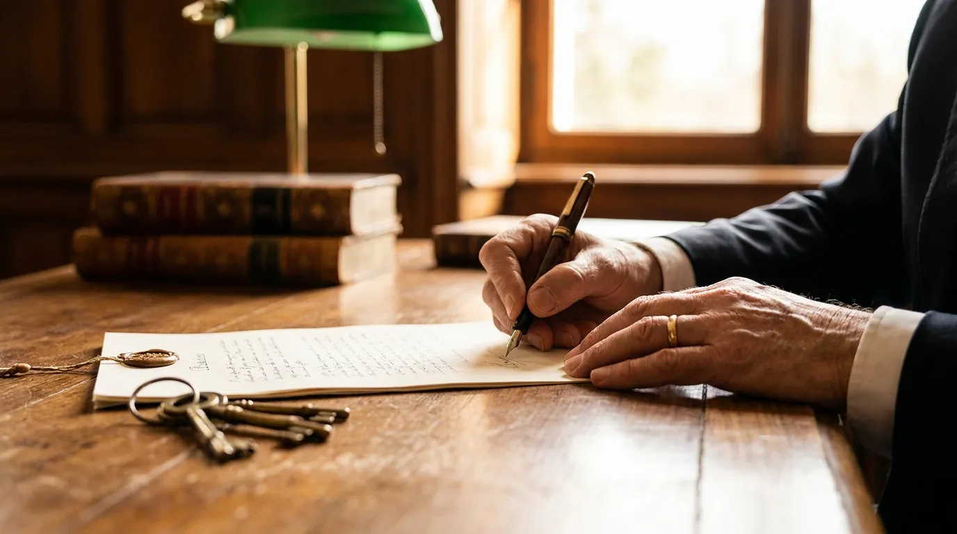 Signature d’un acte de vente chez le notaire avec les clés sur le bureau