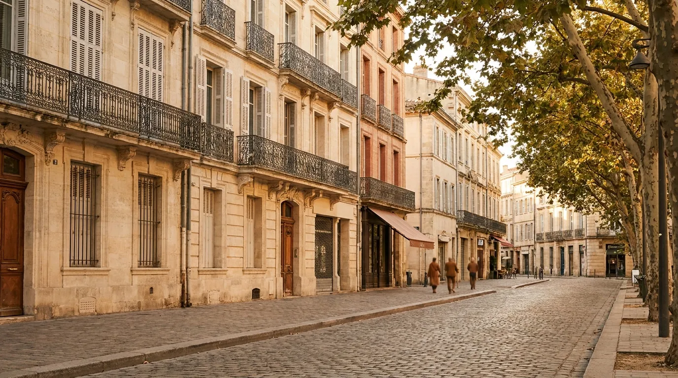 Rue d’une ville française avec des immeubles en pierre et des balcons